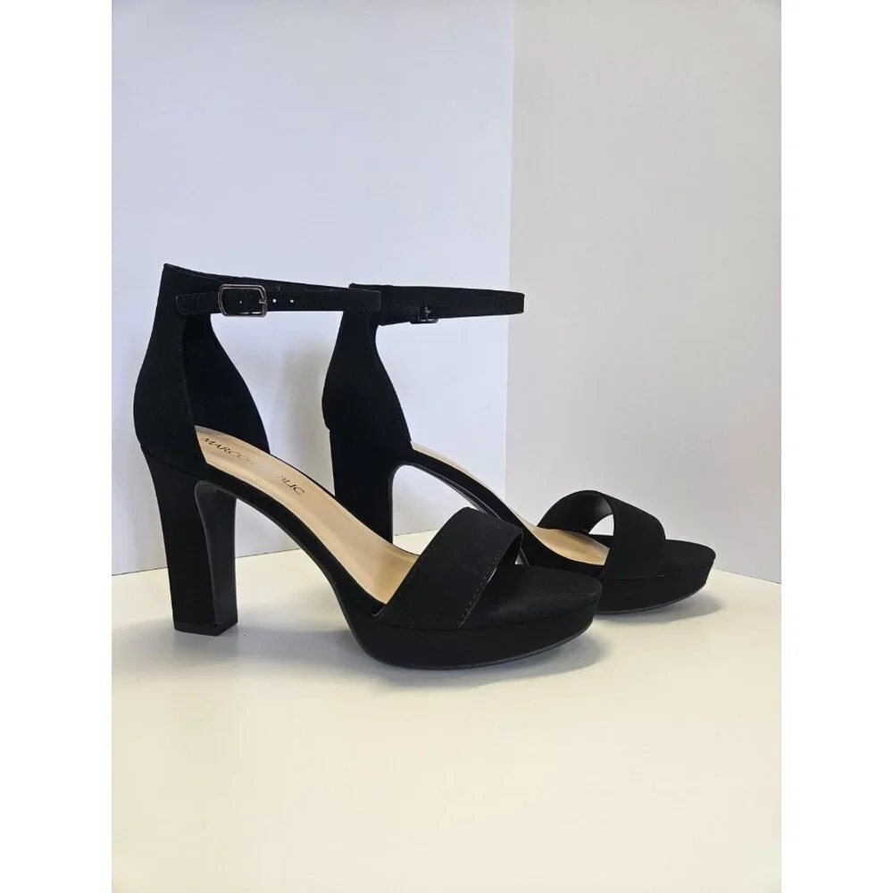 Stylish High Block Heel Women's Size 8 Open Toe Platform Ankle Strap Black Suede